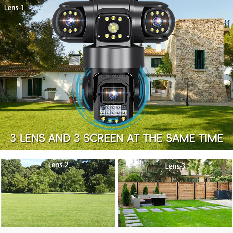 6MP Three Lens WiFi IP Camera HD Outdoor 10X Zoom Waterproof Two Way Intercom Full Color Night Vision PTZ CCTV V380 PRO Camera