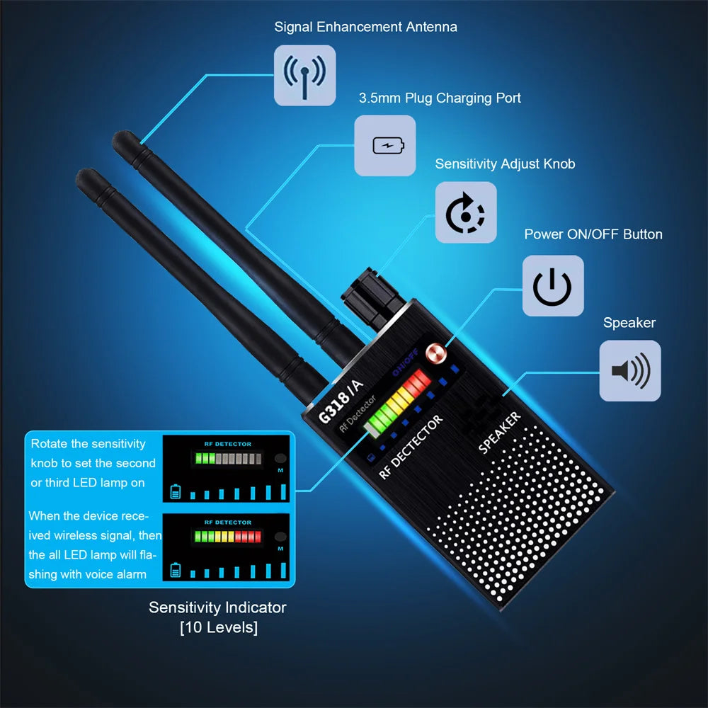 Profession RF Signal Detector Anti-Spy Tapping Anti Detects Eavesdropping Pinhole Audio Bug GSM Devices Finder Anti Spy Gadgets