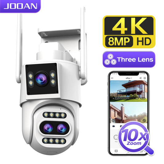 JOOAN 4K HD IP Camera Outdoor 10X Opticial Zoom Three-Lens WiFi Surveillance Camera Dual Screen AI Tracking Security PTZ Cam ﻿